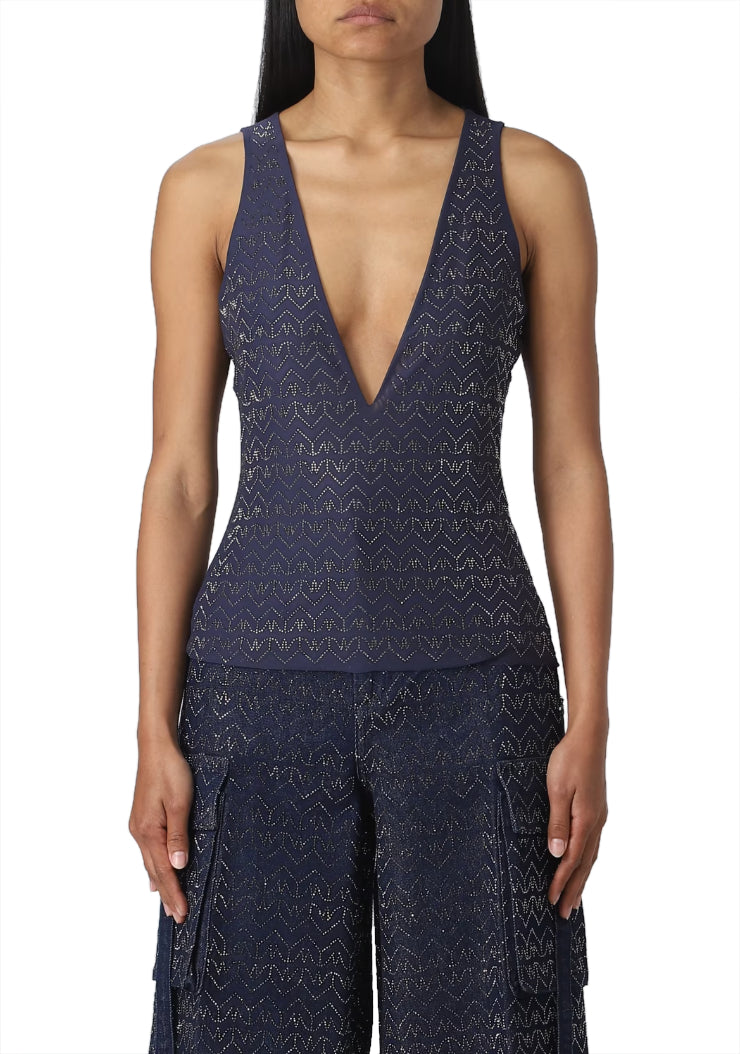 Patrizia Pepe TOP MONOGRAM BLUE STRASS